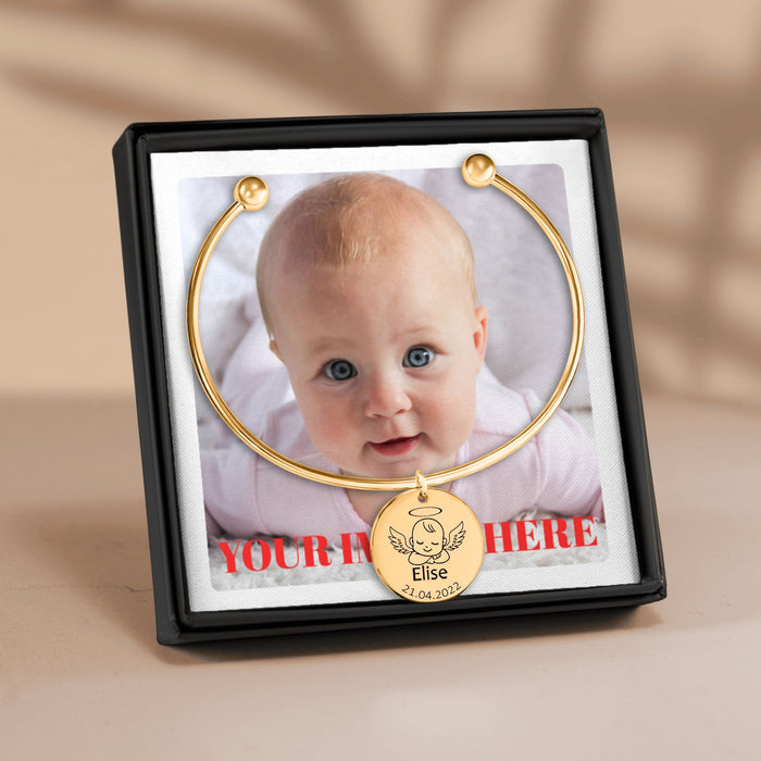 Engrave Custom Baby Angel Bangle – Personalized Memorial Jewelry Gift for Baby Loss, Infant Remembrance, or Comforting Keepsake