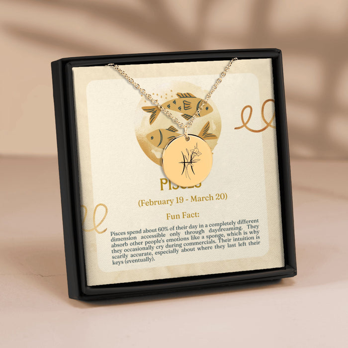 Pisces Floral Zodiac Sign Coin Necklace – Astrology Gift for Her, Pisces Birthday Jewelry, Horoscope Medallion, Celestial Pendant