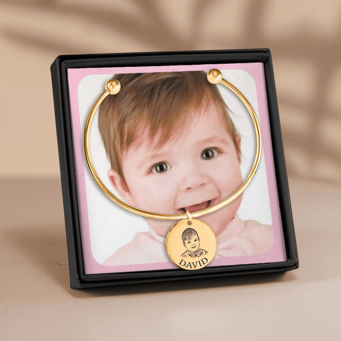 Engrave Custom Baby Portrait Bangle – Personalized Jewelry Gift with Newborn’s Portrait for New Parents, Keepsakes, or Baby Memorials