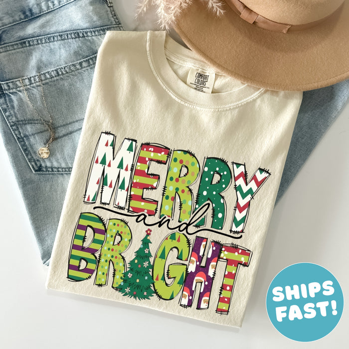 Comfort Colors Merry and Bright Shirt Christmas Shirt Family Christmas Shirt Holiday Shirt Merry Christmas Shirt for Women