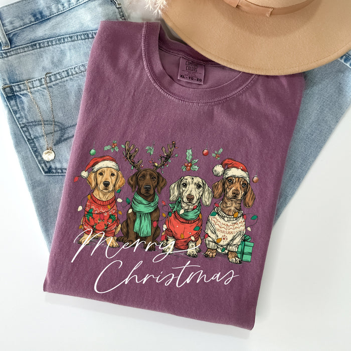 Comfort Colors Merry Christmas Dachshund Dog Shirt Cute Puppy Christmas Tee Dog Lover Gift Holiday Pet Shirt Wiener Dog Shirt