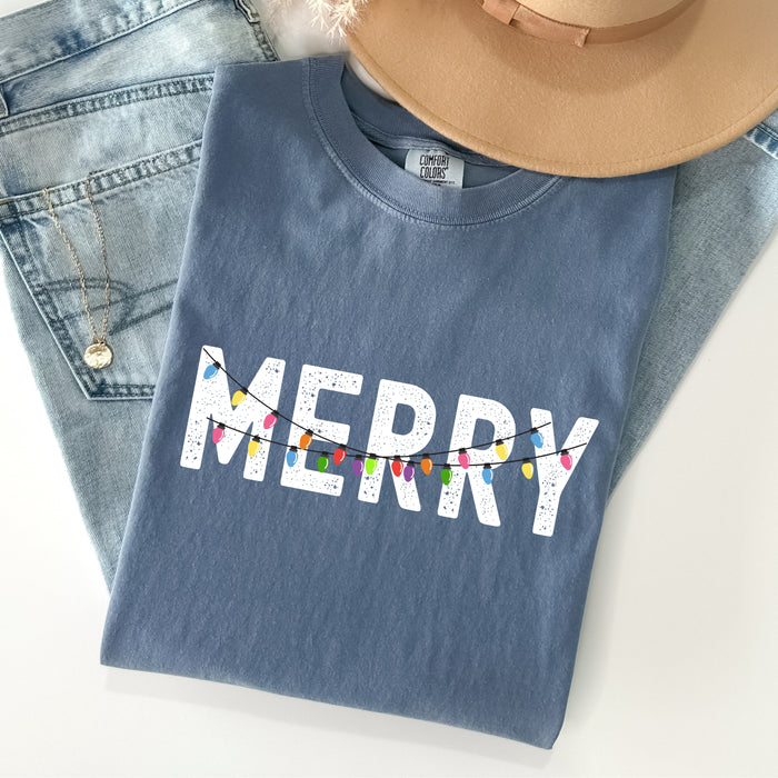 Distressed Retro Christmas Lights Comfort Colors  Shirt