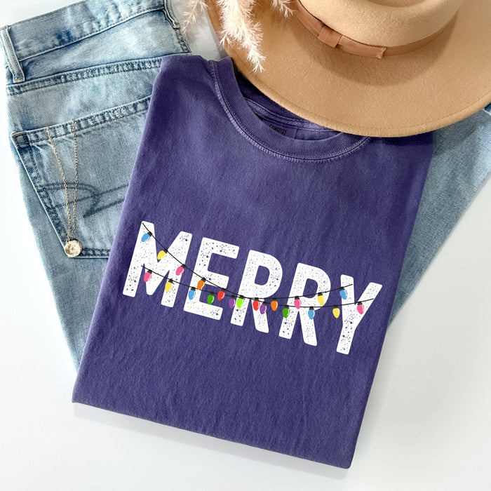 Distressed Retro Christmas Lights Comfort Colors  Shirt