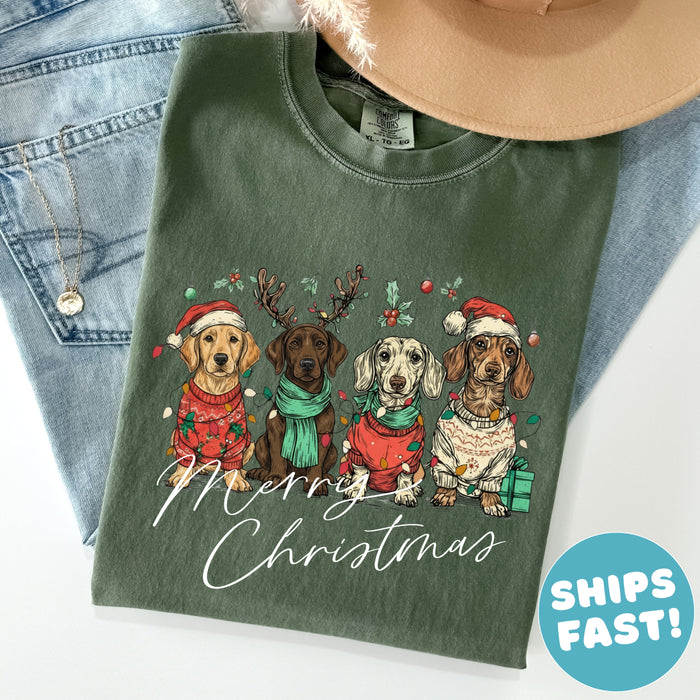 Comfort Colors Merry Christmas Dachshund Dog Shirt Cute Puppy Christmas Tee Dog Lover Gift Holiday Pet Shirt Wiener Dog Shirt