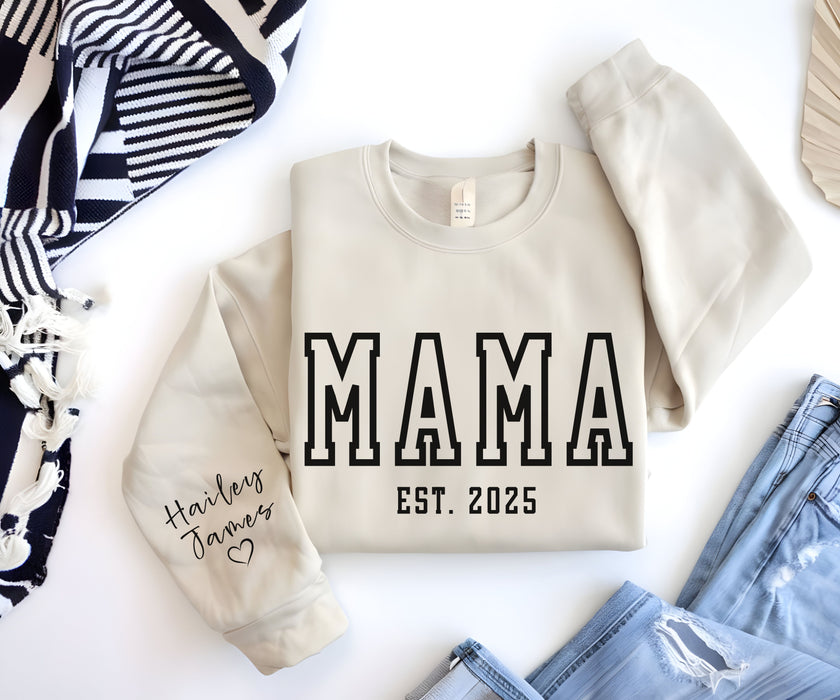 Custom Mama Sweatshirt with Kids Names on Sleeve, Personalized Mama Tee, Mommy Outfit, Mom Mummy Crewneck, Mothers Day Gift