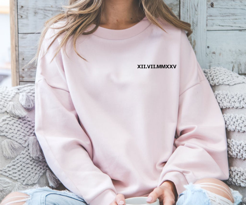 Custom Roman Numeral Sweatshirt Couples Gift Personalized Date Initial On Sleeve Engagements Anniversaries Bachelorette's Wedding