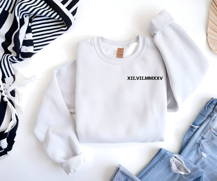 Custom Roman Numeral Sweatshirt Couples Gift Personalized Date Initial On Sleeve Engagements Anniversaries Bachelorette's Wedding
