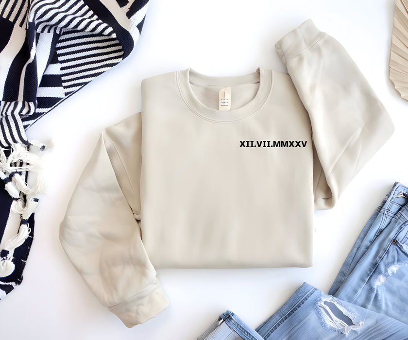 Custom Roman Numeral Sweatshirt Couples Gift Personalized Date Initial On Sleeve Engagements Anniversaries Bachelorette's Wedding