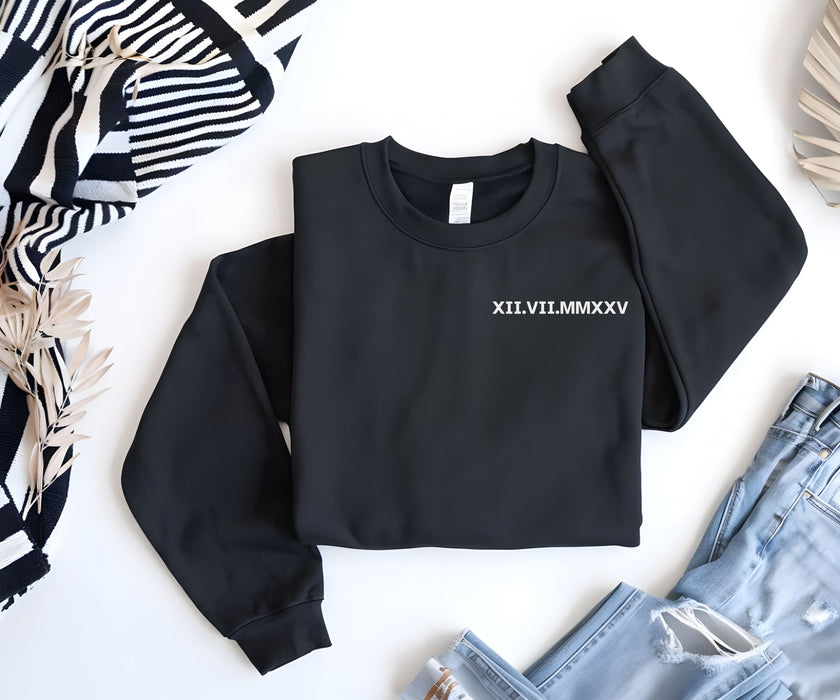 Custom Roman Numeral Sweatshirt Couples Gift Personalized Date Initial On Sleeve Engagements Anniversaries Bachelorette's Wedding