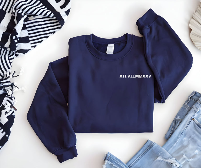 Custom Roman Numeral Sweatshirt Couples Gift Personalized Date Initial On Sleeve Engagements Anniversaries Bachelorette's Wedding