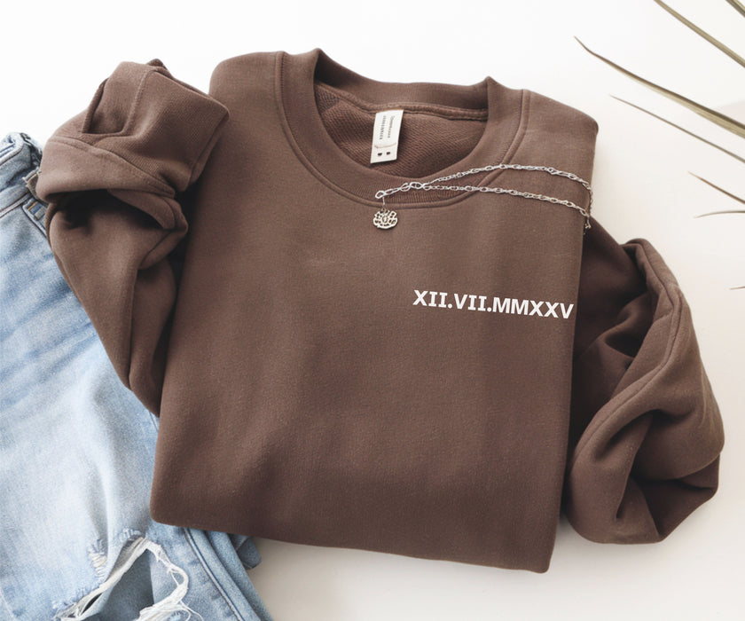 Custom Roman Numeral Sweatshirt Couples Gift Personalized Date Initial On Sleeve Engagements Anniversaries Bachelorette's Wedding