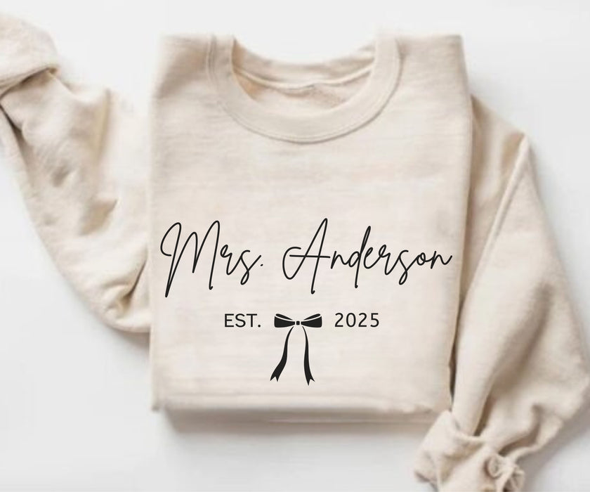 Custom Mrs Sweatshirt, Future Mrs Last Name Sweatshirt, Bride Personalized Gift for New Wife Tee, Custom Coquette Tee, Engagement Gift