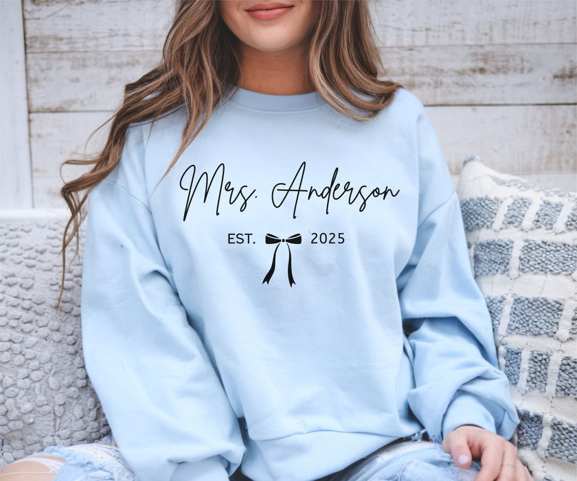 Custom Mrs Sweatshirt, Future Mrs Last Name Sweatshirt, Bride Personalized Gift for New Wife Tee, Custom Coquette Tee, Engagement Gift