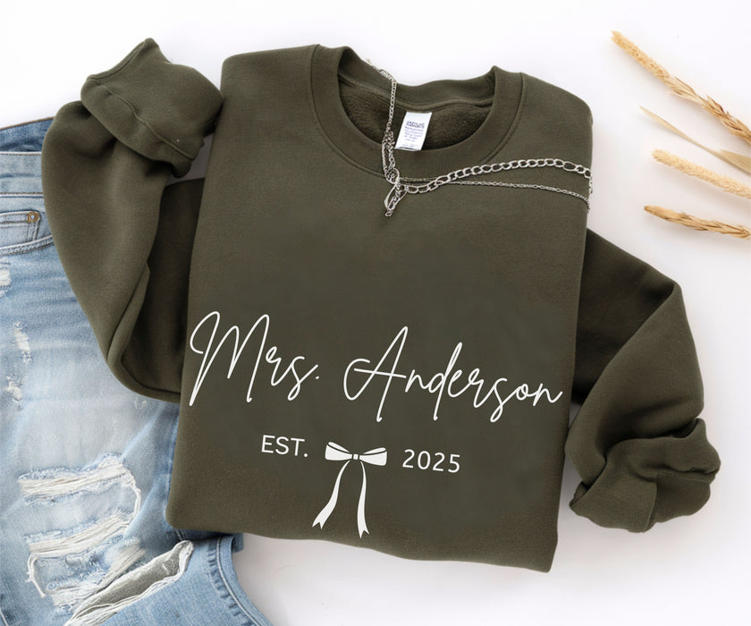 Custom Mrs Sweatshirt, Future Mrs Last Name Sweatshirt, Bride Personalized Gift for New Wife Tee, Custom Coquette Tee, Engagement Gift