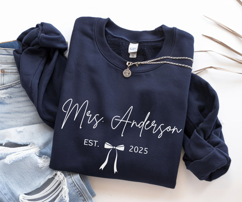 Custom Mrs Sweatshirt, Future Mrs Last Name Sweatshirt, Bride Personalized Gift for New Wife Tee, Custom Coquette Tee, Engagement Gift