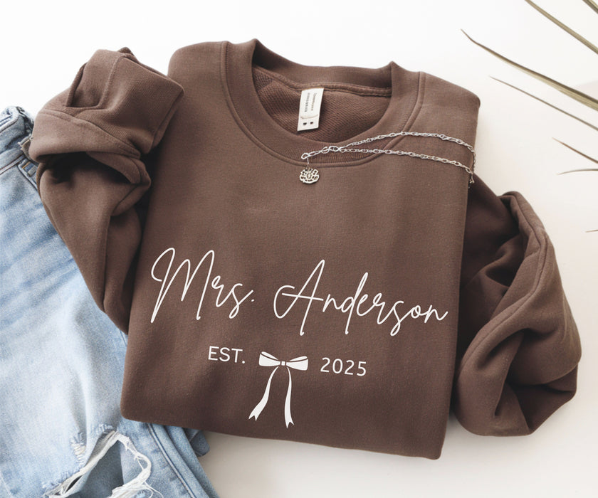 Custom Mrs Sweatshirt, Future Mrs Last Name Sweatshirt, Bride Personalized Gift for New Wife Tee, Custom Coquette Tee, Engagement Gift