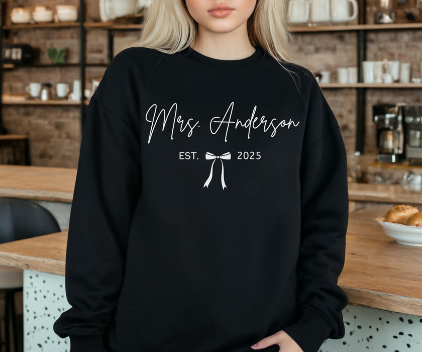 Custom Mrs Sweatshirt, Future Mrs Last Name Sweatshirt, Bride Personalized Gift for New Wife Tee, Custom Coquette Tee, Engagement Gift