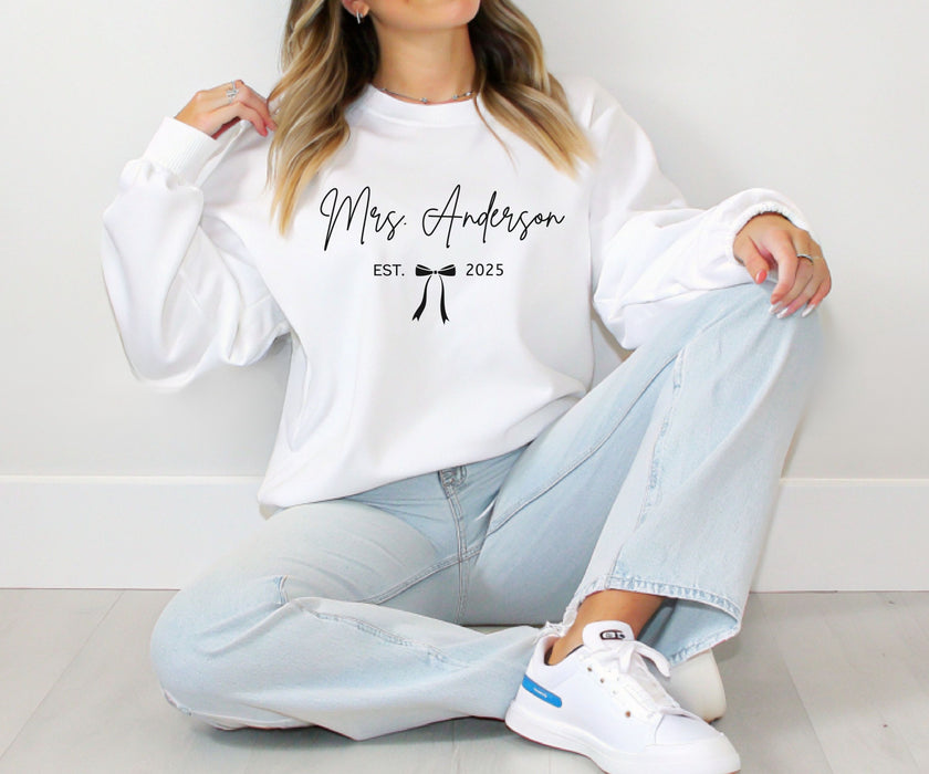 Custom Mrs Sweatshirt, Future Mrs Last Name Sweatshirt, Bride Personalized Gift for New Wife Tee, Custom Coquette Tee, Engagement Gift