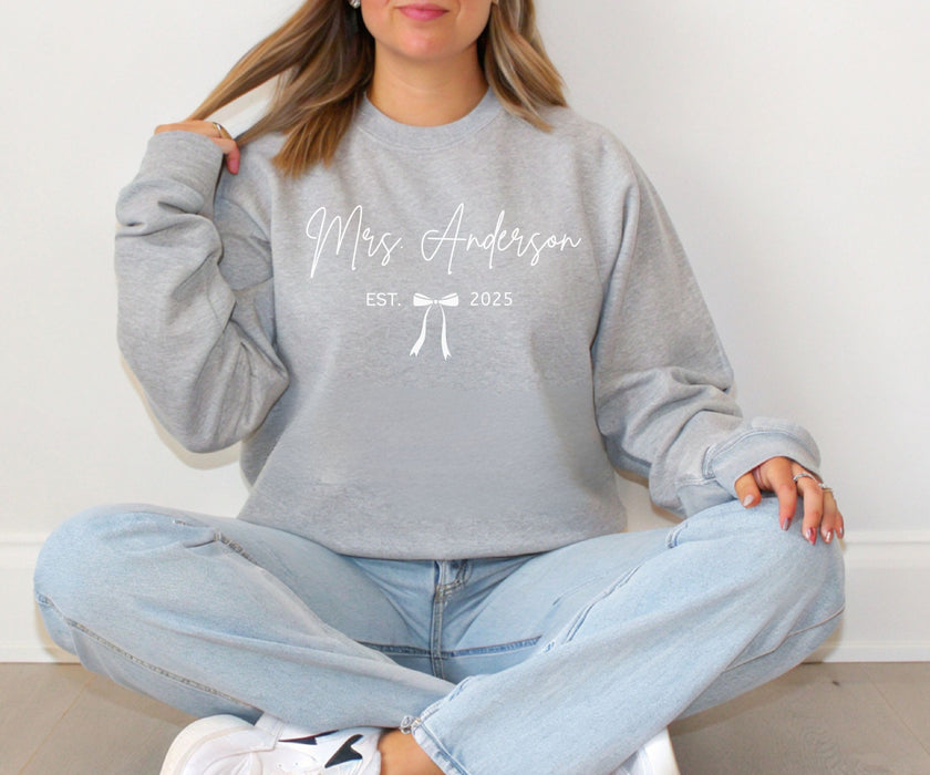 Custom Mrs Sweatshirt, Future Mrs Last Name Sweatshirt, Bride Personalized Gift for New Wife Tee, Custom Coquette Tee, Engagement Gift
