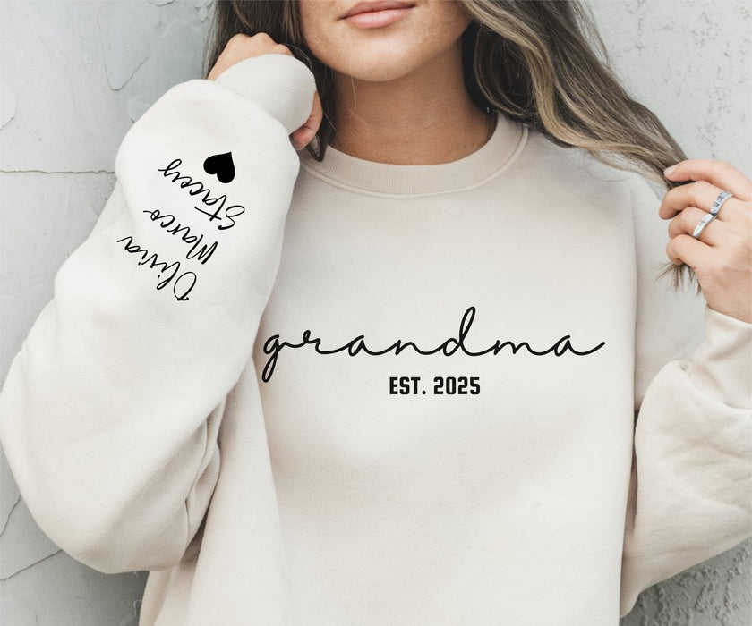 Custom Grandma Sweatshirt with Grandkids Names on Sleeve, Personalized Grandma Tee, Granny Outfit, Gigi Mimi Crewneck, Mothers Day Gift