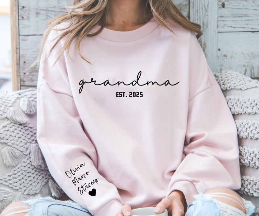 Custom Grandma Sweatshirt with Grandkids Names on Sleeve, Personalized Grandma Tee, Granny Outfit, Gigi Mimi Crewneck, Mothers Day Gift