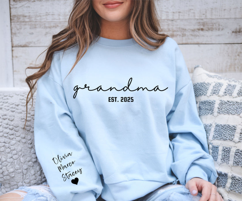 Custom Grandma Sweatshirt with Grandkids Names on Sleeve, Personalized Grandma Tee, Granny Outfit, Gigi Mimi Crewneck, Mothers Day Gift