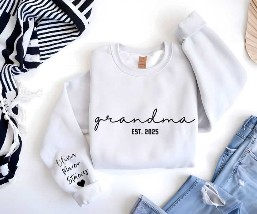 Custom Grandma Sweatshirt with Grandkids Names on Sleeve, Personalized Grandma Tee, Granny Outfit, Gigi Mimi Crewneck, Mothers Day Gift