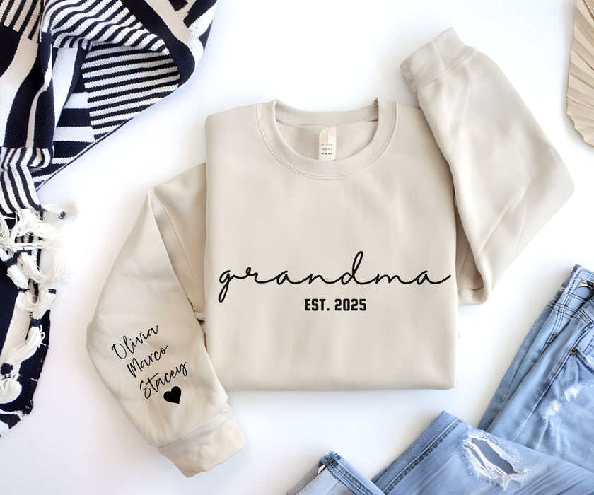 Custom Grandma Sweatshirt with Grandkids Names on Sleeve, Personalized Grandma Tee, Granny Outfit, Gigi Mimi Crewneck, Mothers Day Gift