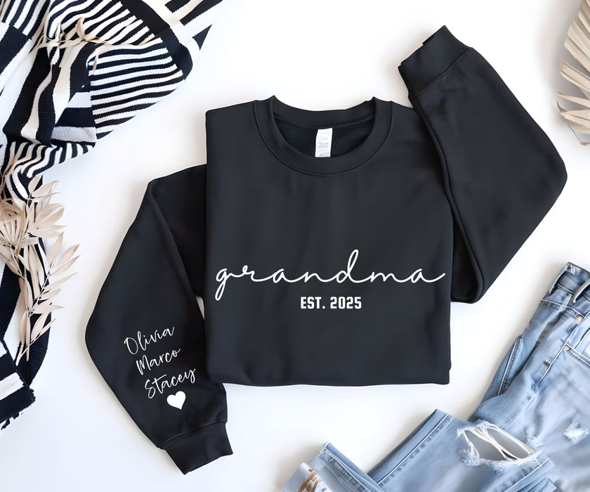 Custom Grandma Sweatshirt with Grandkids Names on Sleeve, Personalized Grandma Tee, Granny Outfit, Gigi Mimi Crewneck, Mothers Day Gift