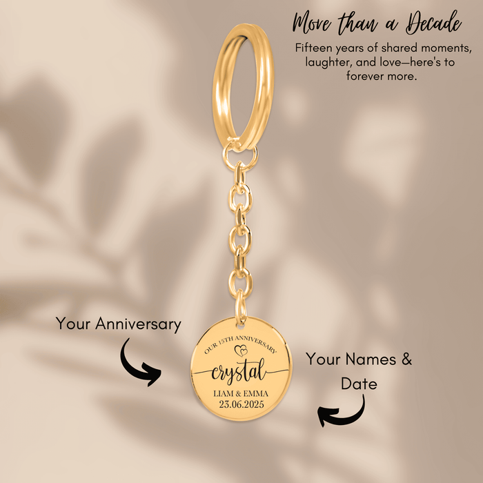 15th Anniversary Gift for Him or Her – Crystal-Inspired Coin Keychain – 15 Years of Love Keepsake for Husband, Wife, Partner