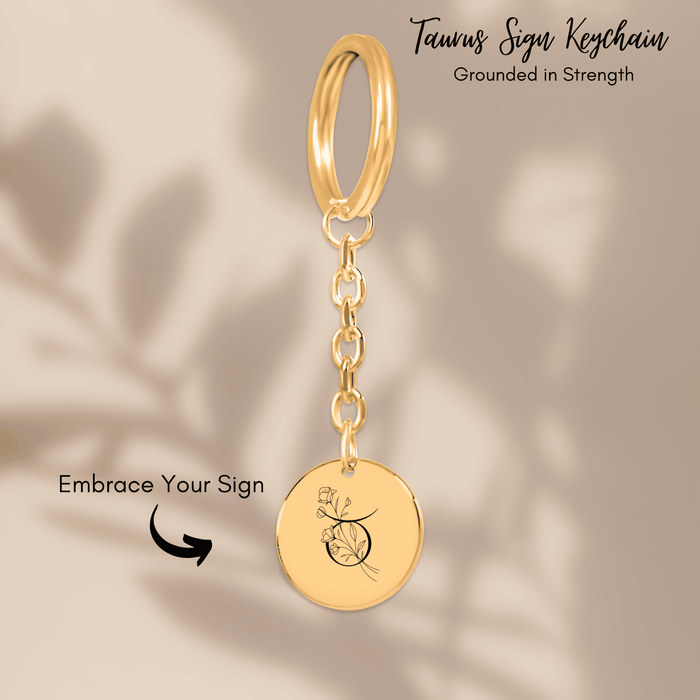 Taurus Floral Zodiac Sign Coin Keychain – Astrology Gift for Her, Taurus Birthday Keychain, Horoscope Medallion, Celestial Star Charm