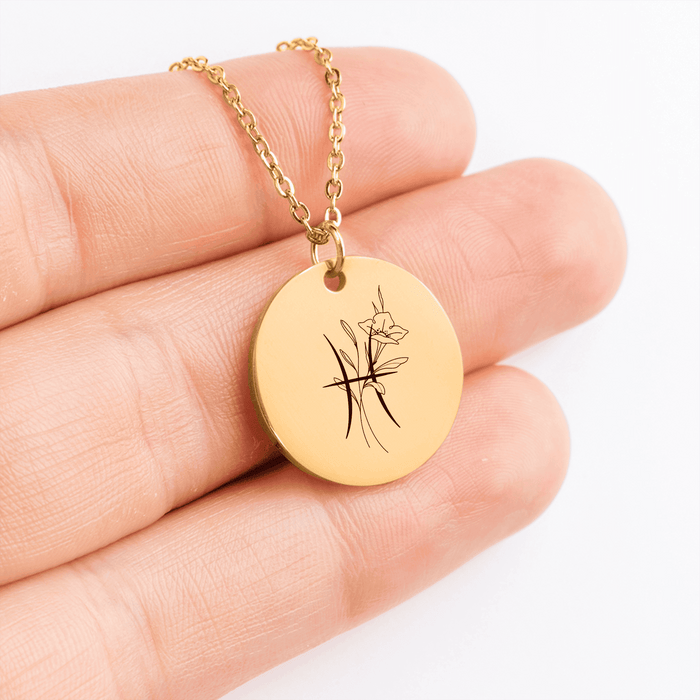 Pisces Floral Zodiac Sign Coin Necklace – Astrology Gift for Her, Pisces Birthday Jewelry, Horoscope Medallion, Celestial Pendant