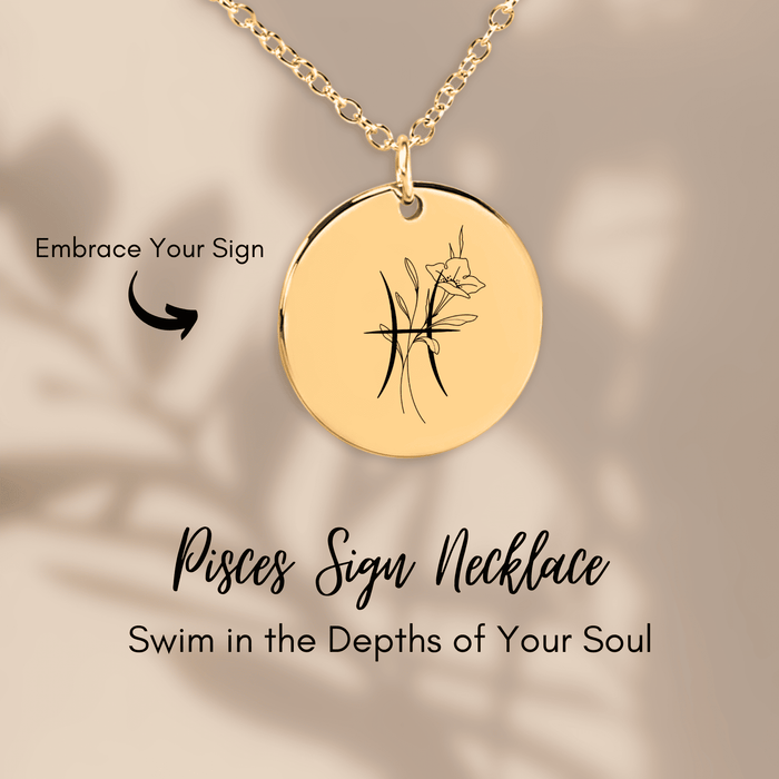 Pisces Floral Zodiac Sign Coin Necklace – Astrology Gift for Her, Pisces Birthday Jewelry, Horoscope Medallion, Celestial Pendant