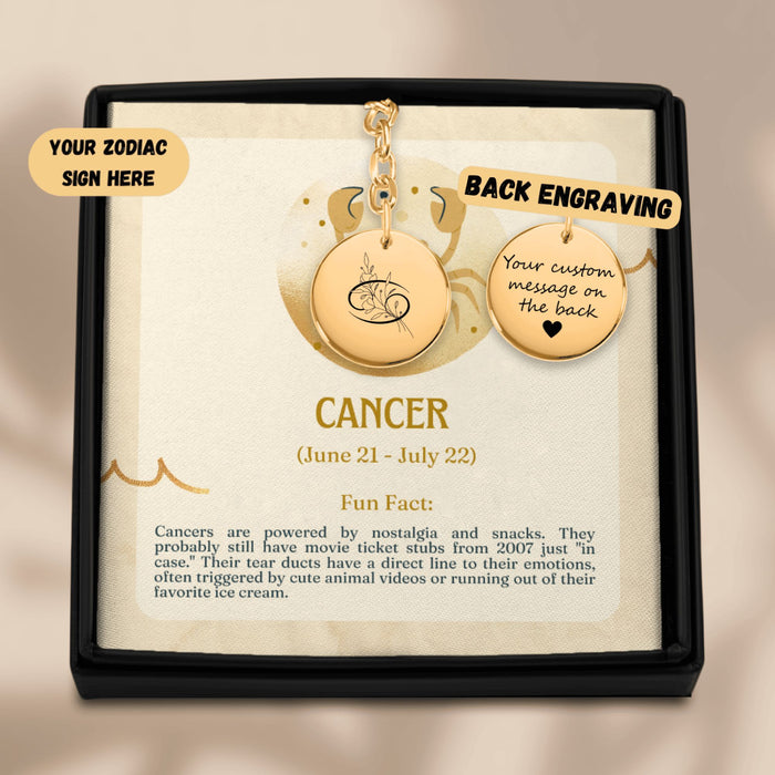 Cancer Floral Zodiac Sign Coin Keychain – Astrology Gift for Her, Cancer Birthday Keychain, Horoscope Medallion, Celestial Star Charm