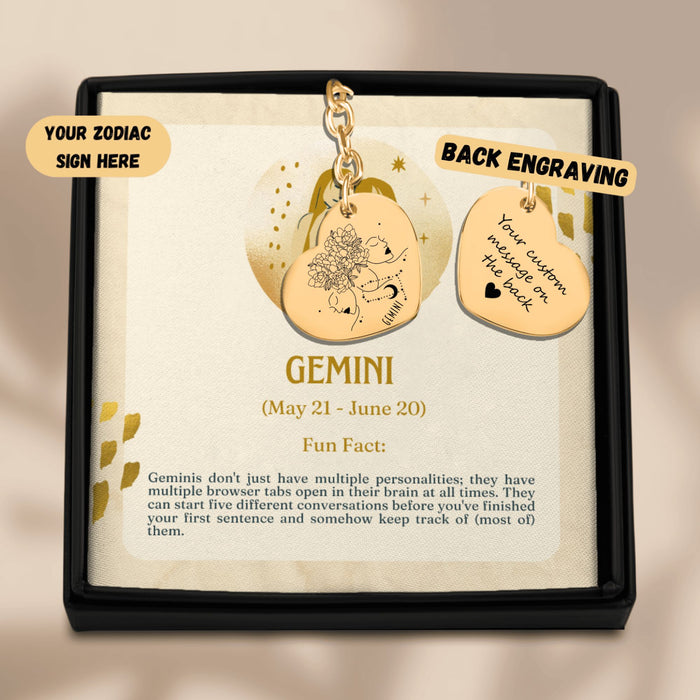 Gemini Zodiac Sign Heart Keychain – Astrology Gift for Her, Gemini Birthday Keychain, Horoscope Heart Pendant, Celestial Charm