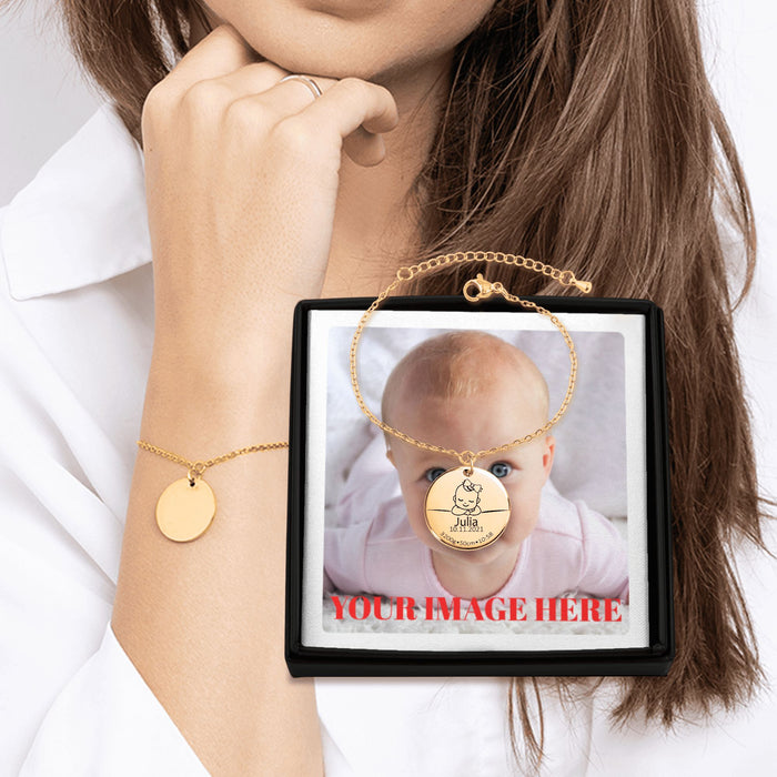 Engrave Custom Baby Birth Coin Bracelet – Personalized Newborn Jewelry Gift with Name, Date, Weight & Time for Moms, Dads, or Keepsakes