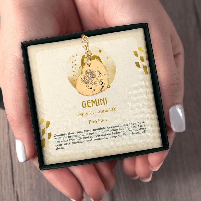 Gemini Zodiac Sign Heart Keychain – Astrology Gift for Her, Gemini Birthday Keychain, Horoscope Heart Pendant, Celestial Charm
