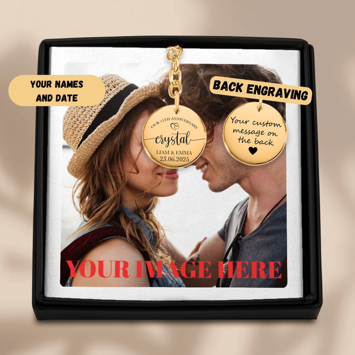 15th Anniversary Gift for Him or Her – Crystal-Inspired Coin Keychain – 15 Years of Love Keepsake for Husband, Wife, Partner