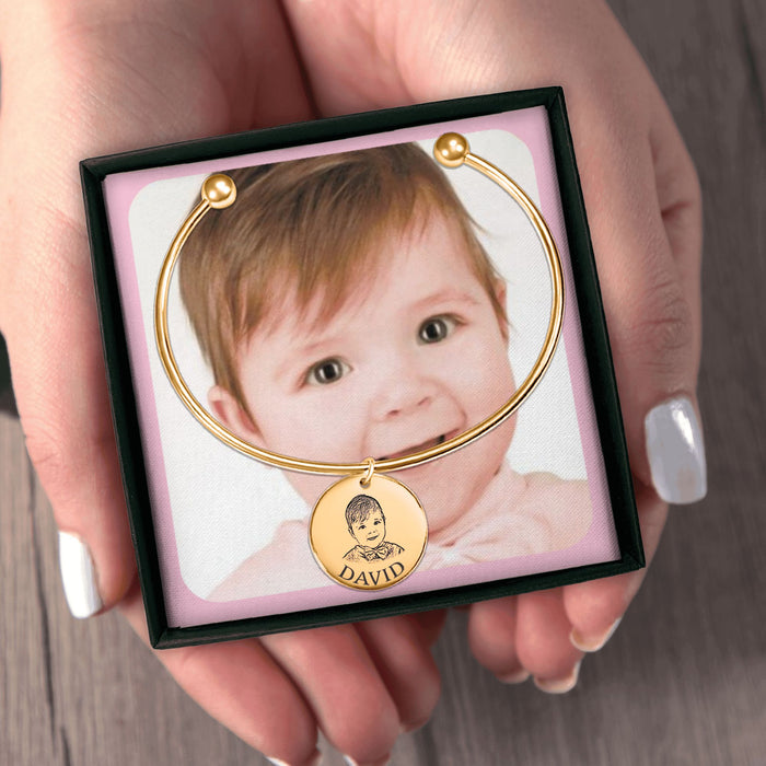 Engrave Custom Baby Portrait Bangle – Personalized Jewelry Gift with Newborn’s Portrait for New Parents, Keepsakes, or Baby Memorials