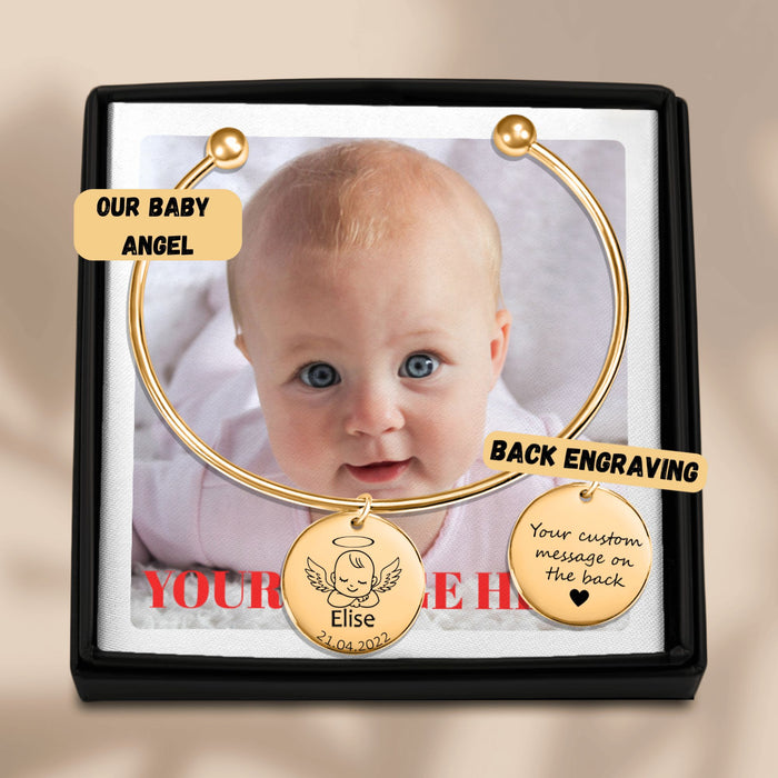 Engrave Custom Baby Angel Bangle – Personalized Memorial Jewelry Gift for Baby Loss, Infant Remembrance, or Comforting Keepsake