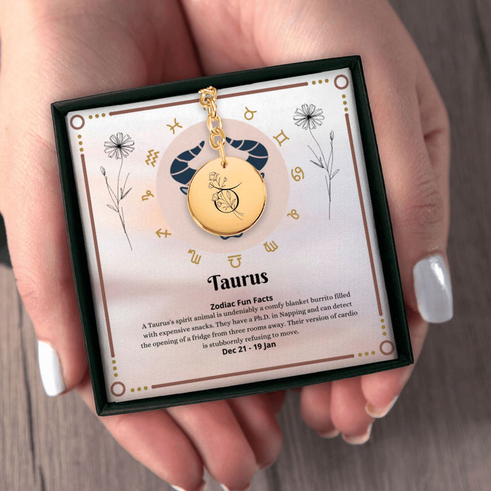 Taurus Floral Zodiac Sign Coin Keychain – Astrology Gift for Her, Taurus Birthday Keychain, Horoscope Medallion, Celestial Star Charm