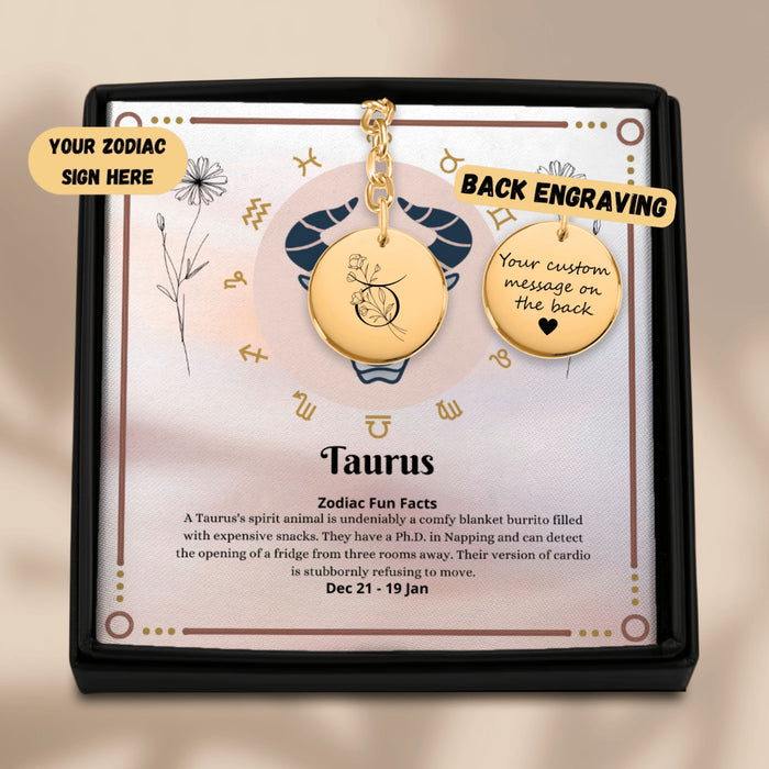 Taurus Floral Zodiac Sign Coin Keychain – Astrology Gift for Her, Taurus Birthday Keychain, Horoscope Medallion, Celestial Star Charm