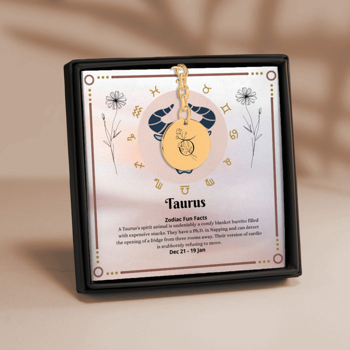 Taurus Floral Zodiac Sign Coin Keychain – Astrology Gift for Her, Taurus Birthday Keychain, Horoscope Medallion, Celestial Star Charm