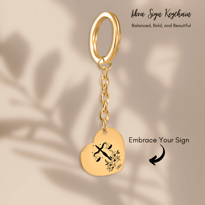 Libra Zodiac Sign Heart Keychain – Astrology Gift for Her, Libra Birthday Keychain, Horoscope Pendant, Celestial Star Charm