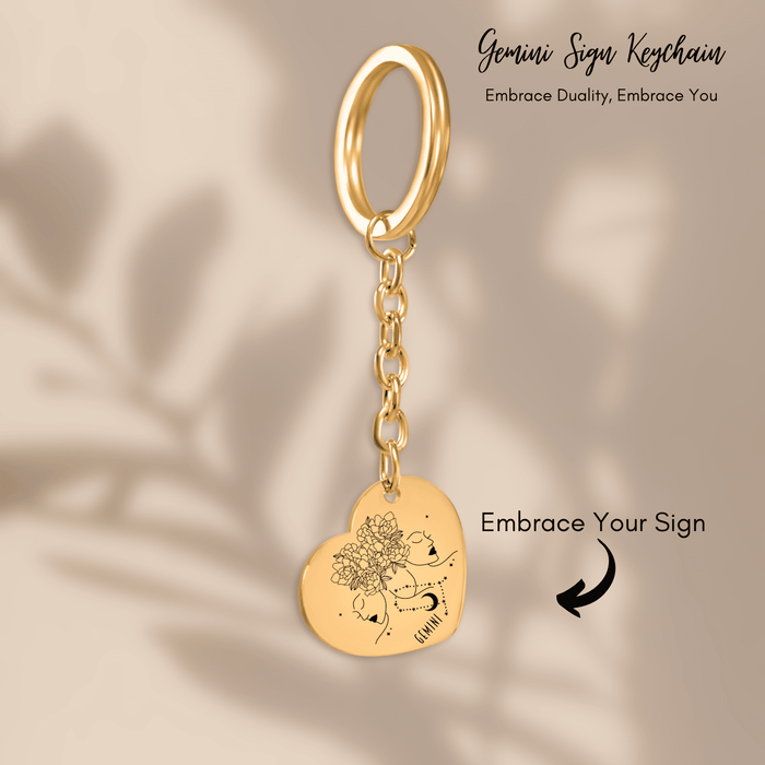 Gemini Zodiac Sign Heart Keychain – Astrology Gift for Her, Gemini Birthday Keychain, Horoscope Heart Pendant, Celestial Charm