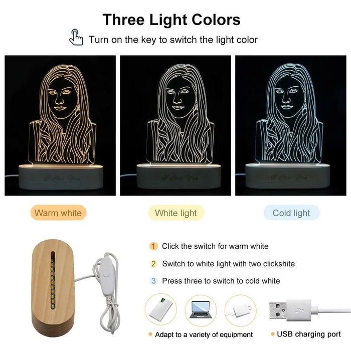 Custom 3D Acrylic Photo Lamp: Personalized LED Night Light, Engraved Wooden Base