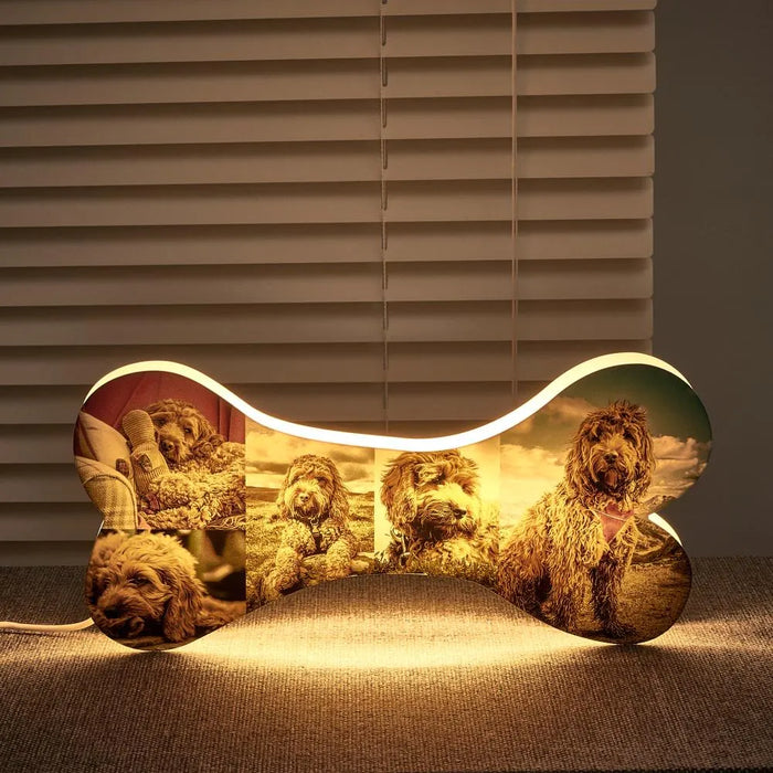 Personalized Bone-Shaped Pet Memorial LED Night Light with 5 Custom Photos