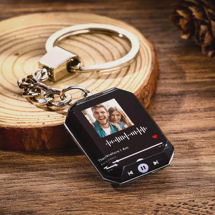 Custom Engraved Crystal Keychain with Scannable Music Code and Photo Personalized Music Gift for Him Her Music Lovers Unique Gift