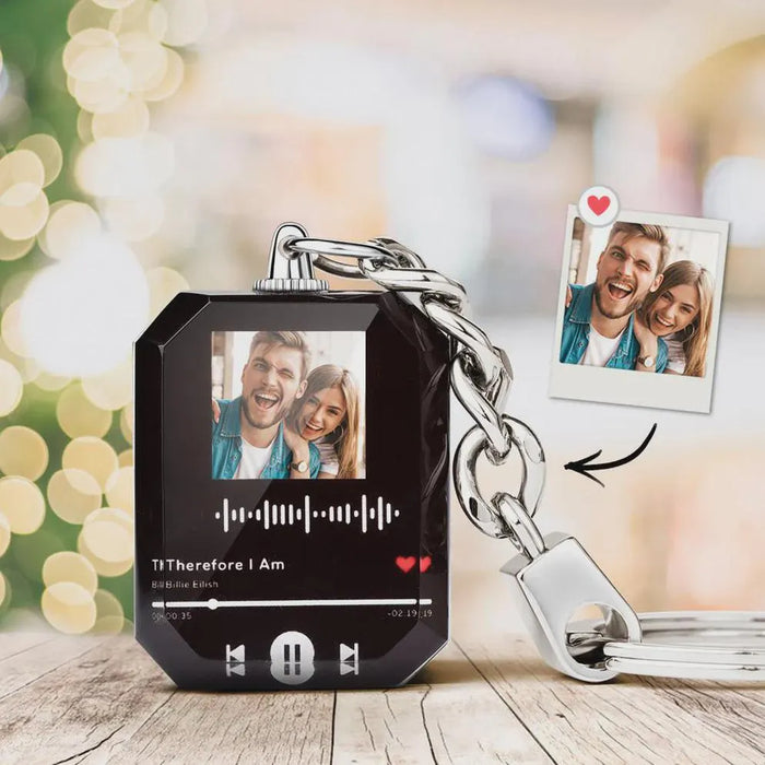 Custom Engraved Crystal Keychain with Scannable Music Code and Photo Personalized Music Gift for Him Her Music Lovers Unique Gift