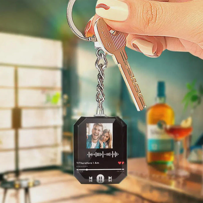 Custom Engraved Crystal Keychain with Scannable Music Code and Photo Personalized Music Gift for Him Her Music Lovers Unique Gift